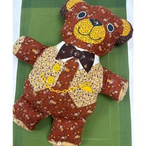 Vintage Handmade Stuffed Teddy Bear Plush Quilted Style Pocket Watch And Bowtie